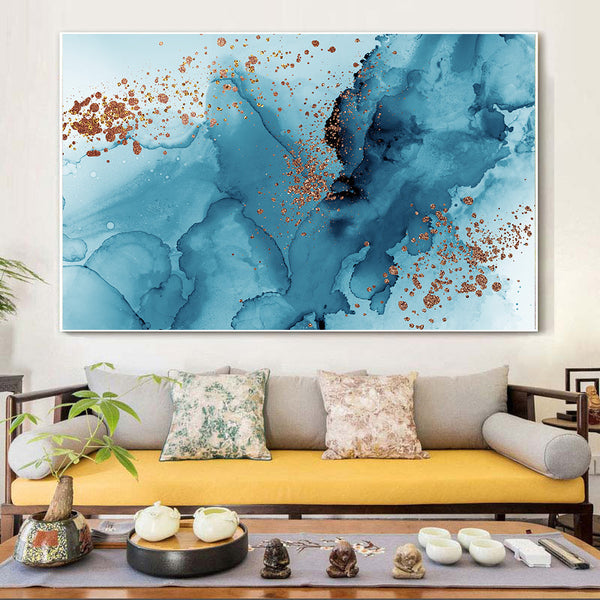 Abstract Blue Marble Textured Canvas Wall Art for Living Room, Printed Ready to Hang Canvas Wall Art
