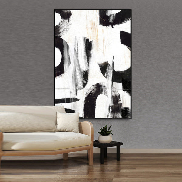 Black and White Brush Stroke Abstract Canvas Wall Art for Living Room, Printed Ready to Hang Canvas Wall Art