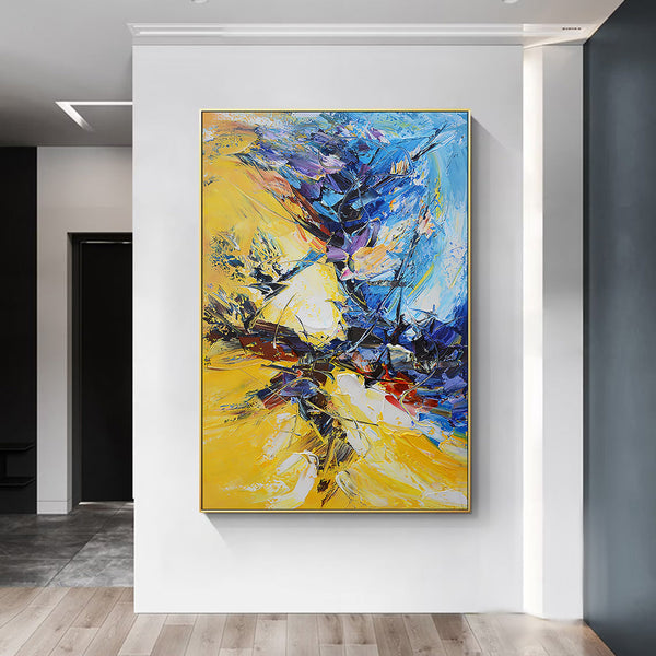 Yellow and Blue Abstract Brush Stroke Canvas Wall Art for Living Room, Printed Ready to Hang Canvas Wall Art