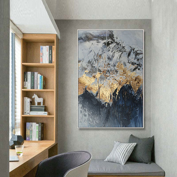 Printed Gold Leaf on Blue Abstract Canvas, Wall Art for Living Room, Printed Ready to Hang Canvas Wall Art